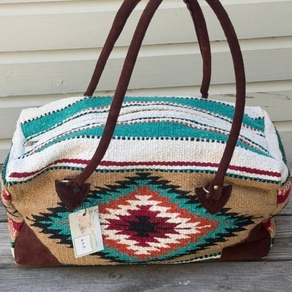 Texas Hill and Home Southwestern Woven Wool Weekender Duffel Bag Suede Trim NEW
